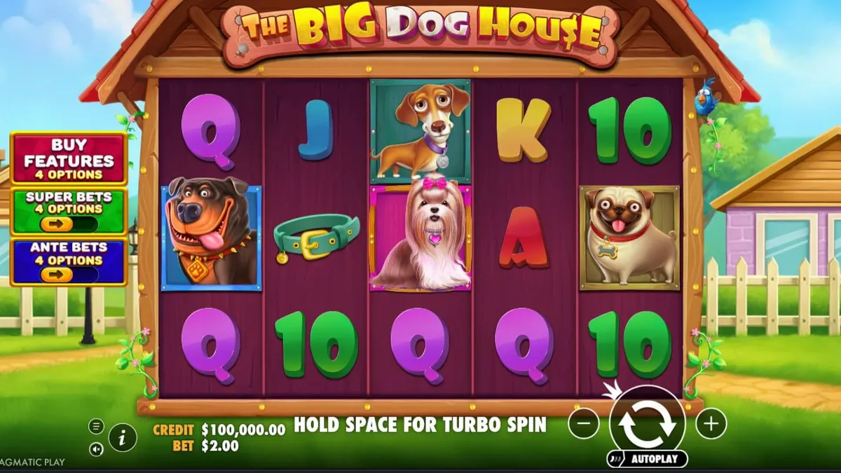 Tampilan visual slot The Big Dog House dengan tema anjing di halaman belakang