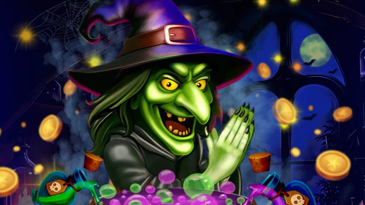 Tampilan visual slot Witches’ Fortune: Hold & Win dengan tema penyihir dan ramuan ajaib