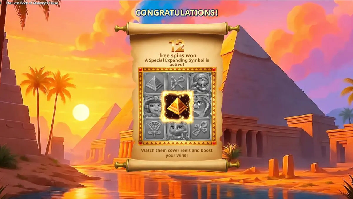 Tampilan visual slot The Lost Book of Mummy’s Curse dengan maskot mumi kartun