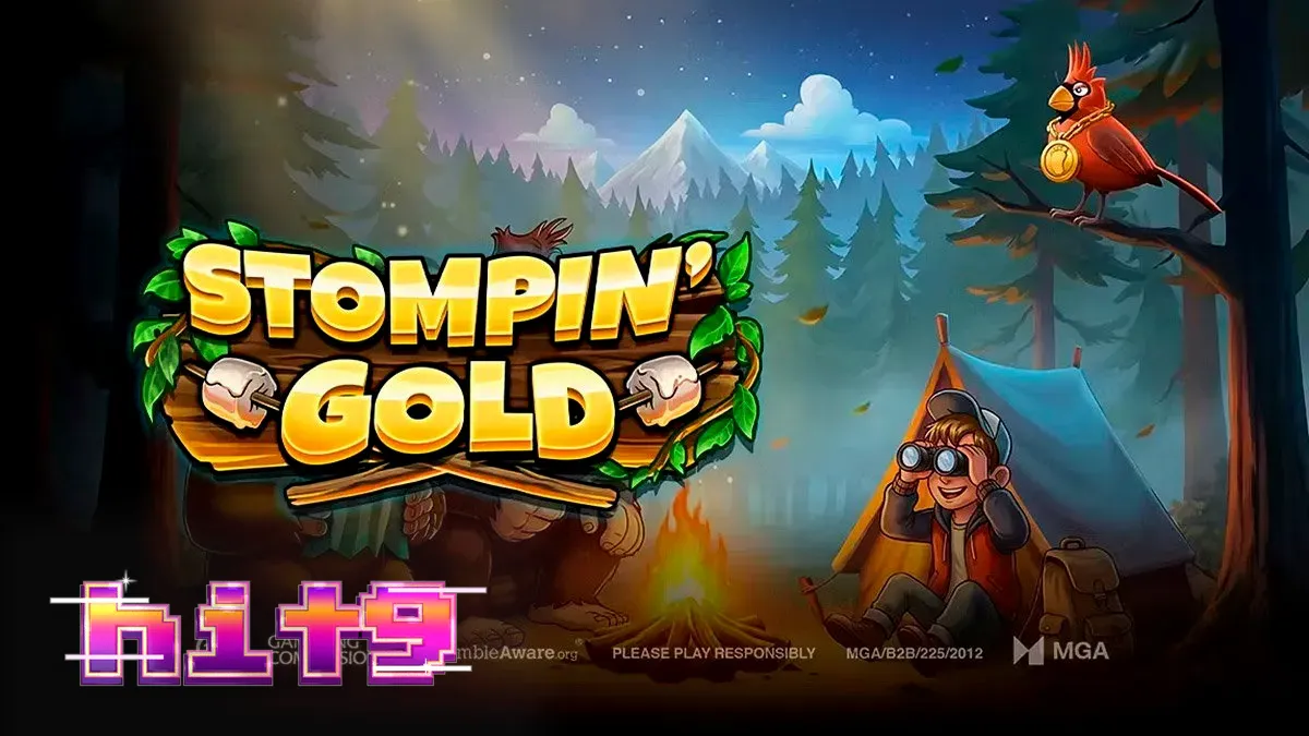 Karakter Jack Tracker dan makhluk hutan Biggie serta Boogie dalam slot Stompin' Gold